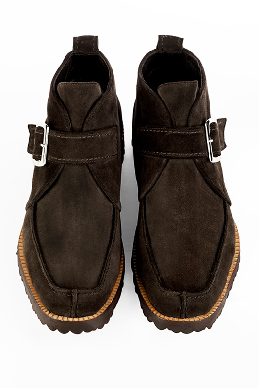 Dark brown dress ankle boots for men. Round toe. Flat rubber soles. Top view - Florence KOOIJMAN